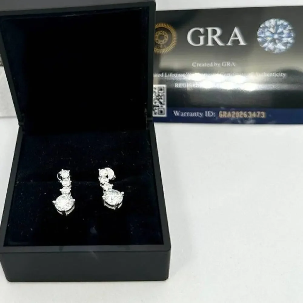Moissanite Diamond Earrings Hanging Drop Studs 2.6 Ct Brilliant Round Cut